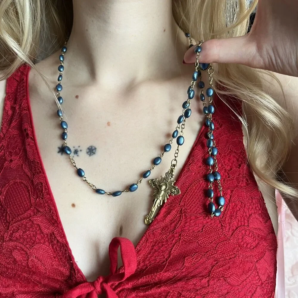 Blue & Gold Rosary Whimsigoth Catholic Romantic